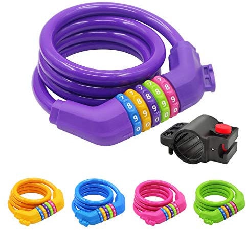 IDEALUX Sport Bike Lock Cable, 4-Feet Bicycle Cable Lock with 5-Digit Resettable Combination Bike Cable Lock - Purple