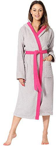 Ladeheid Damen Frottee Bademantel aus 100% Baumwolle LA40-191 (Grau-11/Rosa-25, XXL)