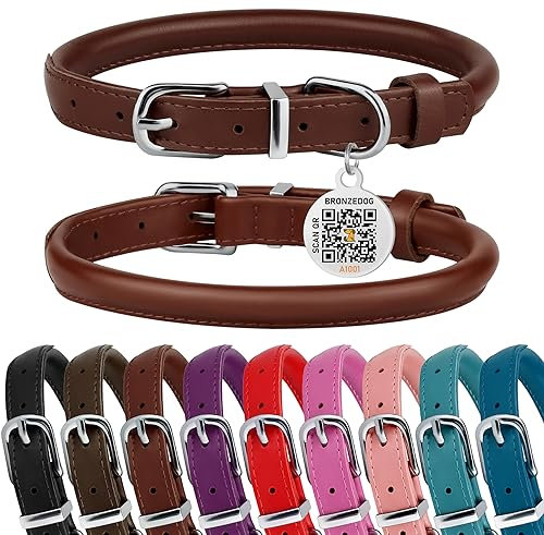 BRONZEDOG Hundehalsband aus gerolltem Leder für kleine, mittelgroße und große Hunde mit QR-ID-Tag (Schokoladenbraun, S: 30-36 cm)