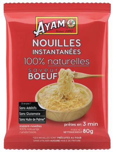 AYAM Nouilles Instantanées Saveur Boeuf | 100% Naturelles | Avec assaisonnement | Allégées et digestes | Prêtes en 3min | Sans additifs | Sans Glutamate | Sans Huile de Palme | pour 1 pers. - 80g