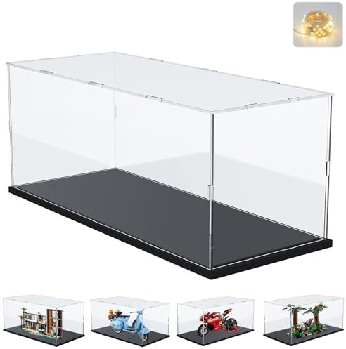 Acryl Vitrine Schaukasten für LEGO 10298 10315 42179 75353 31153, Glasvitrine Acrylbox Transparent für Figuren Modellautos Sammlerstücke Spielzeug | mit Holz-Kunststoff-Basis, Schwarz Innen 40x20x25cm
