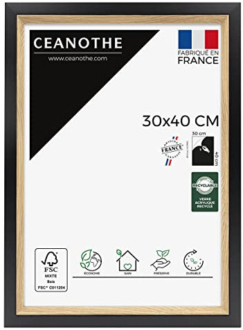 Ceanothe Cadre Photo 30x40 cm Noir et Bois Convient au A4 Baguettes avec finition intérieure de la Collection Actual Verre acrylique Incassable Fabriqué en France
