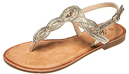 JOMIX Sandales Femme Sandales Plates Femme avec Tressées en Cuir, Boucle Réglable, Semelle Antidérapante, Idéales Pour L'Été Voyage Piscine Plage, B Or, 36 EU