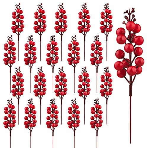 Jangostor 20 Stück Rot Beeren Stiele, Künstliche Burgunder Gold Beeren Picks Stechpalme Gold Beeren Zweige Weihnachtsbeeren Stiel Picks für Weihnachtsbaum DIY Handwerk Feiertage Winter Dekoration