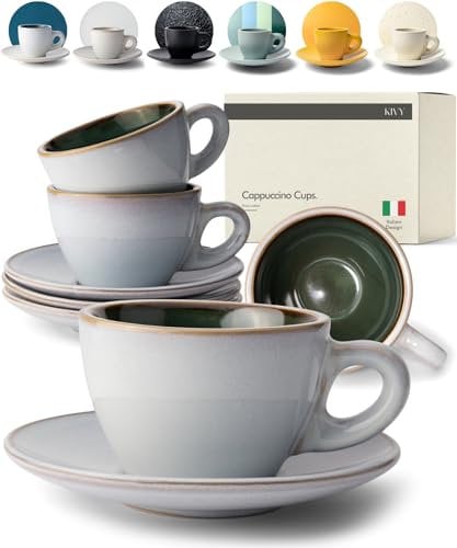KIVY Cappuccino Tassen Set [4x 240ml] - Barista Cappuccino Tassen - Cappuccino Tassen aus dickwandigem Steingut - Tasse mit Untertasse - Cappuccino-Tassen in Handarbeit gefertigt - Spülmaschinenfest
