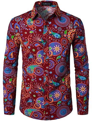 LucMatton Herrenhemd aus Leinen, mit stilvollen, afrikanischen, traditionellen Druckmustern, Langarmhemd mit Knopfleiste, Burgundy, 3XL