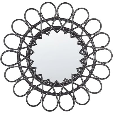 Origineller Wandspiegel schwarz aus Rattan in Sonnenform rund Boho 60 cm Babai