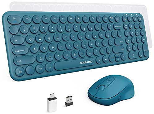 Wireless Keyboard and Mouse, XTREMTEC Compact Size Cute Keyboard Retro Round Keycap - 2.4GHz Ultra-Slim Quiet Aesthetic for Laptop iMac Windows US Layout(Blue)