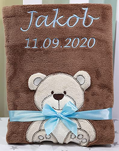 BotoBaby® - Babydecke mit Namen und Geburtsdatum - Geschenk Taufe Geburt ★ (Braun - Teddybär)