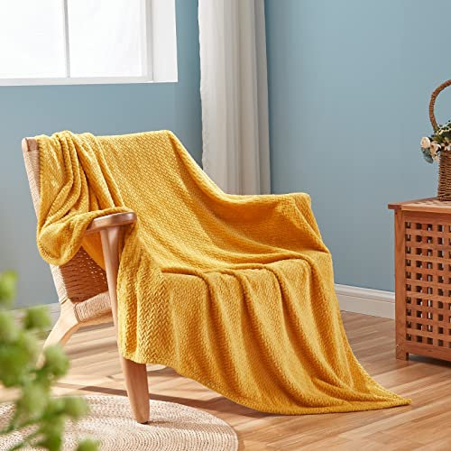 NEWCOSPLAY, Superweiche Twin-Decke, Seidiges Flanell-Fleece, Blättermuster, Leichte Bettdecke, Für alle Jahreszeiten, Senfgelb, Überwurf (152,4 x 203,2 cm)
