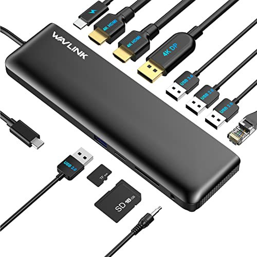 USB C Docking Station, WAVLINK 12 in 1 Triple Display Laptop Dock 4K@60Hz, 2 HDMI,1 DisplayPort,100W PD, 2 USB3.0, 2 USB 2.0, Gigabit Ethernet,SD/TF Slot,Audio Jack, for Thunderbolt 3/4 & Windows/Mac