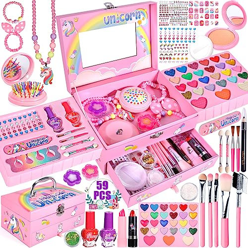 MUOIVG Kinderschminke Set Mädchen Schminkkoffer Mädchen, 59 PCS Waschbar Schminke Kinder Make Up Set Mädchen Spielzeug, Mädchen Geschenk Spielzeug ab 5 6 7 8 9 10 11 12 Jahre Mädchen
