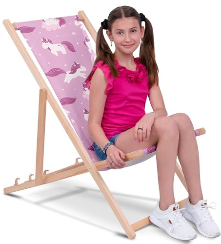 DreamRoots Kinder Liegestuhl Holz Gr. M, Unicorns and Clouds | Klappbarer Campingstuhl faltbar, für Garten & Strand, bis 130 kg, waschbarer Bezug, 100% Polyester, UV-beständig, Kinderliege