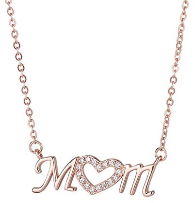 Mama Necklace Rose Gold, Womens Diamond Necklace 18K Rose Gold Elegant Mom Diamond Heart Mother of The Bride Gift