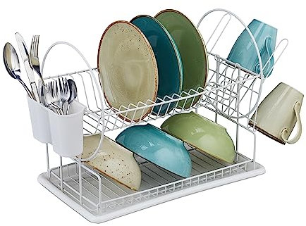 Relaxdays Abtropfgestell, 2 Ebenen, HxBxT: 33,5 x 51 x 23,5 cm, Geschirrtrockner für Teller, Tassen, Schalen, weiß, 80% Eisen