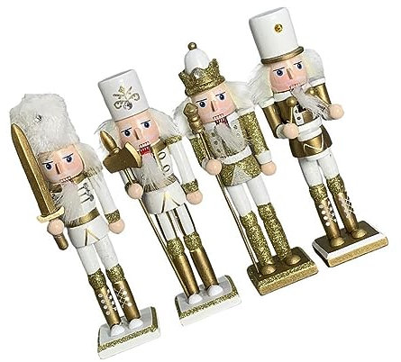 rongweiwang 4 pz/Set Regalo Schiaccianoci Soldato Decorazione per Gli Auguri di Natale Schiaccianoci Soldato Modello in Legno Ornamento da Collezione, Oro Bianco, 4 Pezzi
