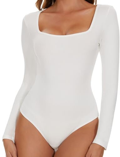 SHAPERIN Women's Bodysuit Square Neck Long Sleeve Body Suit Top Tanga Leotard Jumpsuit Tops Elegant Bodysuits Going Out White M