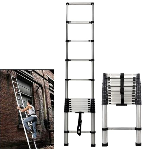 3.8M/12.5FT Stainless Steel Loft Ladder Extendable Telescoping Ladder, Portable 13 Step Ladders Roof Ladder with Non-Slip Feet & Safe Slide Lock, EN131 Standard, Heavy Duty