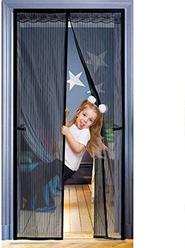JOREAL Fly Screen for Doors 90X200cm, Anti Mosquito Polyester Mesh Screen Door with Full Frame Magic Tape and Powerful Magnets, Magnetic Fly Insect Screen Door with Lace(Black)