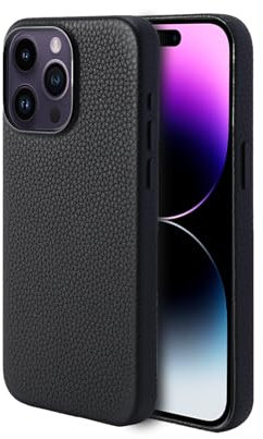 Synchro Leather Case for iPhone 15 Pro (2023) Compatible with MagSafe, Stylish Litchi Grain Cowhide Leather Phone Case with Protective Soft Lining 6.1 Inch (Black)