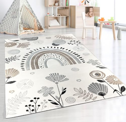 the carpet Monde Kids Moderner Weicher Kinderteppich, Weicher Flor, Pflegeleicht, Farbecht, Lebendige Farben, Regenbogen Muster, Braun Beige, 160 x 230 cm