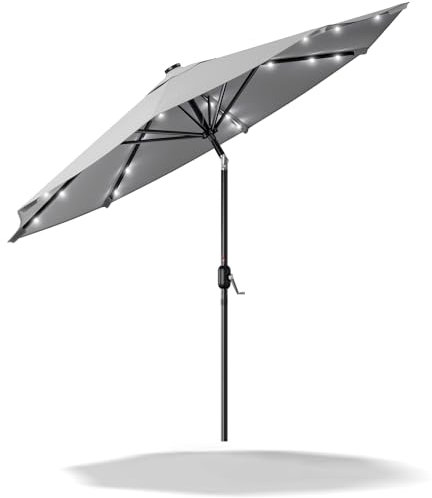 XEMQENER 3M Garden Parasol with Solar Powered Lights, Large Garden Umbrella Parasol with Tilt and Crank Handle, Outdoor Garden Table Parasol for Party, Camping, UPF 50+, 300x300x240 cm, Light Grey