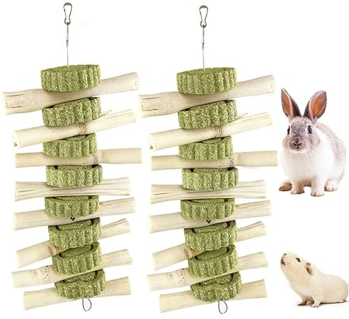 AMOMYDOG Kaninchen Zubehoer, 2 Stück Natürlich Kaninchen Kauspielzeug, Süßer Bambus mit Natürlichem Gras-Kuchen Molaren Spielzeug für Kaninchen Meerschweinchen Hamster Kleintiere (Stil A)