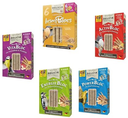 Delicia Pick-ME-UP Probierset Plus (5er Set) EnergieBloc, ActivBloc, VitaBloc, PowerBloc, InsectBloc - Wildvogelfutter Energiefutter, 5 x 6er Pack
