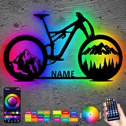 Fahrrad Wald Skyline Led RGB Wandbild Leuchtschild Geschenke Mit Name - Wand Lampe - zum Geburtstag oder Jubiläum für die Familie Bruder Schwester Kinder Vater Mann Frau Jungs Mädchen Männer