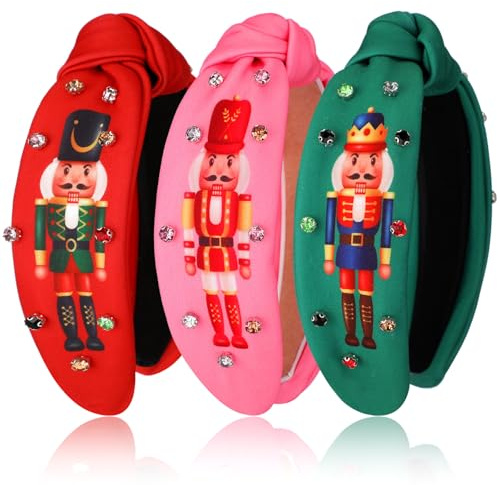 Christmas Headband Christmas Nutcracker Knotted Headbands Rhinestone Jeweled Headband for Women Nutcracker Crystal Headband Embellished Wide Top Knot Headband for Xmas Hair Accessories