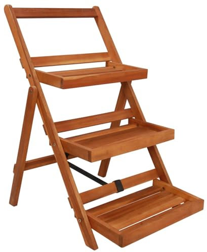 JUDYY Blumenständer 3 Stufen, Pflanzenständer, Pflanzenregal, Blumenregal, Blumentreppe, Pflanzentreppe, Blumentisch, Balkon Regal, 50 x 63 x 80 cm Massivholz Akazie