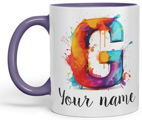 Vixar Personalised Letter G Mug, Alphabet cusomized Custom Your Letter G Monogram Watercolour Ceramic Coloured Mug Cup for Tea Coffee Hot Brew 330ml 11Oz Gift (Purple)