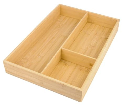 Bamboo Wooden Cutlery Tray, 3 Compartment Kitchen Drawer Organiser, 43x30x6cm Silverware Utensil Tray, Wood Flatware Holder Rack Drawer Insert Divider for Home Office Knife Forks Spatula Gadgets