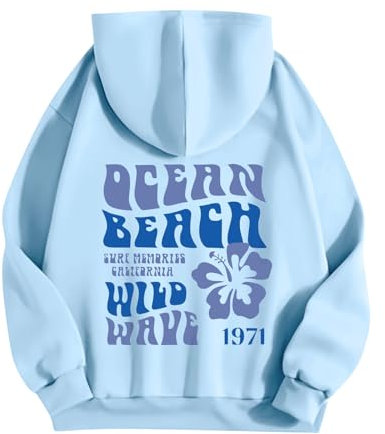 Singular-Point Women's Sky Blue S Preppy Hoodie, Pink Palm Puff, Casual, Long Sleeve, Loose Fit, Polyester, Adult, Women's Clothing, Sweatshirt