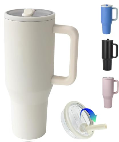 ZHUIYIWIN Tumbler with Folding Straw and Handle, Water Bottle Coffee Cup Travel Mug for Cold or Hot Drinks, Double Wall Stainless Steel Vacuum Insulated Tumbler (White, 1180 ml)