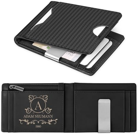 Maverton Herrengeldbörse mit Gravur für 9 Karte, Slim Wallet mit Münzfach | Geldbörse Herren aus echtem Rindsleder, Geschenke für Männer, personalisierte Geschenke für ihn, Carbon schwarz