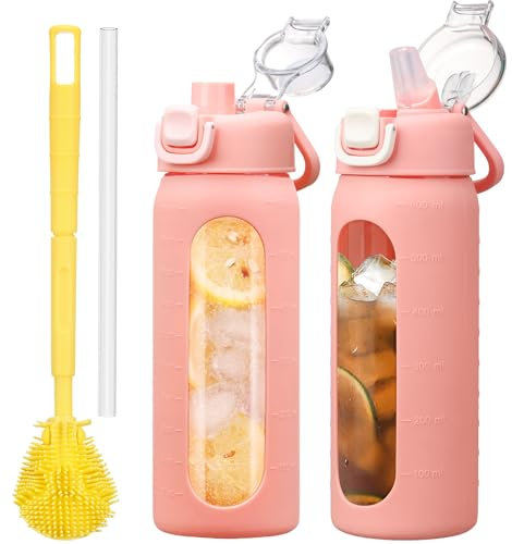 HYDRAGLAZIC 600ML Trinkflasche Glas mit Strohhalm, Glasflasche mit rutschfester Silikonhülle, weite Öffnung, auslaufsicher für Kaffee und Wasserflasche, BPA-frei, Rosa
