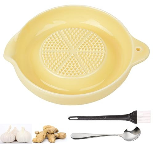 KICPUK Ceramic Grater,Ceramic Ginger Grater,Garlic Grater,Ginger Grater,Spice Grater,Nutmeg Grater Made of Ceramic for Ginger,Garlic,Nutmeg,Celery,Carrots,Wasabi,With Brush+Spoon,Diameter 9cm (Yellow)