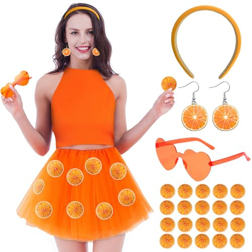 Luyuttn Tüllrock Orange Damen, Rock orange Karneval Kostüm Damen Rock | mit Haarreif und Früchte Ohrringe, Herz Brille Aufkleber Sticker, für Halloween Party Festival Feier