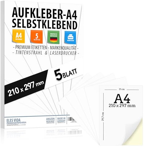 5 Selbstklebende DIN A4 Etiketten 210x297 mm, universell bedruckbar, matte weiße Oberfläche, kompatibel mit Inkjet- und Laserdruckern, Aufkleber für vielseitige Anwendungen - MADE IN GERMANY