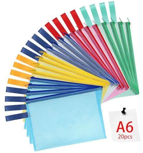 OFFCUP Dokumententasche A6, 20 Stück Wasserdichte Reißverschlusstasche, Mesh Kunststoff Datei Tasche mit Reißverschluss, Dokumentenmappe für Schule Zuhause Büro Reisen Kosmetika, 5 Farben