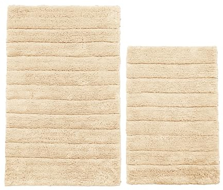 Allure Ribbed Two Piece Bath Mat Set 100% Cotton – Super Soft, Absorbent, Quick Dry Pack of 2 Textured Bathroom Mats (Stone)