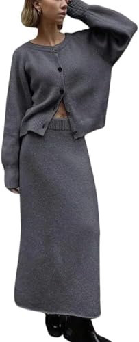 Damen Strickoberteile Rock 2 Stück Elegant Lässig Knopf Rundhalsausschnitt Knopfleiste Langarm Pullover Slim Fit Hohe Taille Langer Rock Bequeme Stricksets (Grau,XS)