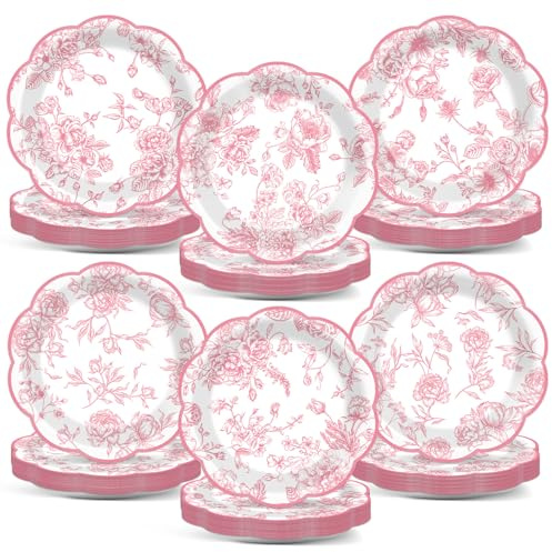 Wiooffen Lot de 80 assiettes festonnées à motif floral rose vintage jetables pour mariage, thé, décoration