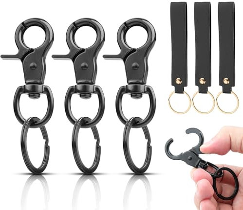 TXXATX 6 Stück Karabiner Schlüsselanhänger enthält 3 Stk Karabinerhaken mit Drehgelenk 6cm und 3 Stk Schlüsselanhänger Leder Karabiner Schlüsselanhänger Scherenkarabiner Schwarz für Rucksack Schlüssel