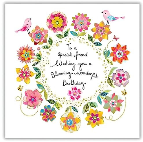 Paper Rose Geburtstagskarte für einen besonderen Freund, Happy Birthday Karte mit Blumenkranz und Vogel-Design mit einer Botschaft Blooming Wonderful und geprägter Folienoberfläche, Geburtstagskarte