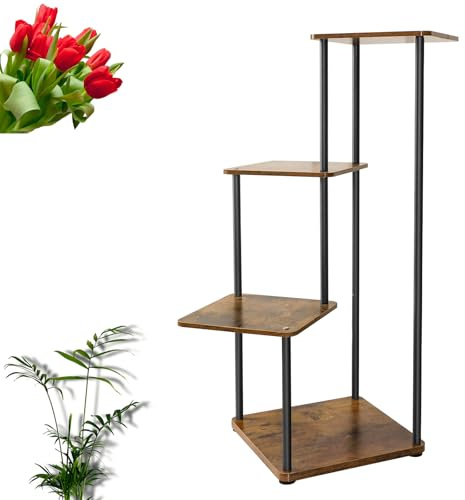 80cm Tall 4-Tier Plant Stand - Flower Pot Stand Planter Holder & Wood Plant Shelf for Multiple Pots, Easy Assembly Indoor/Outdoor Multiple Planters Display Shelving Unit (Black Frame+Brown Wood)
