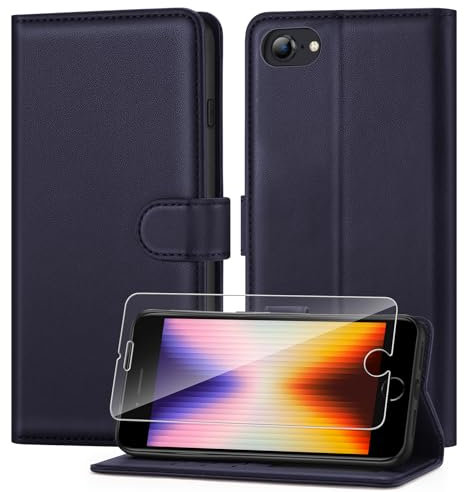 ivencase Compatible with iPhone SE 2022/2020, iPhone 7/8 Phone Case with 1 Screen Protector, [RFID Blocking] PU Leather Flip Wallet Case with Card Slots Stand Magnetic Cover 4.7 Inch - Navy Blue