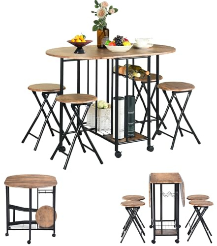 GOKHOMX - Juego de mesa de comedor y 4 sillas plegables, mesa de cocina, espacio pequeño con ruedas y almacenamiento, conjunto de mesa y silla plegable para cocina, salón Bistrot, terraza, marrón