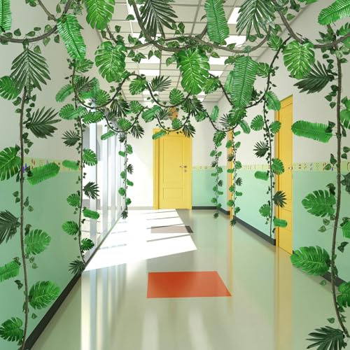 Betylifoy Lot de 2 vignes artificielles en rotin - Décorations de fête sur le thème de la jungle - 5 sortes de feuilles de palmier tropicales - Fausse feuille de palmier Monstera pour jungle, safari